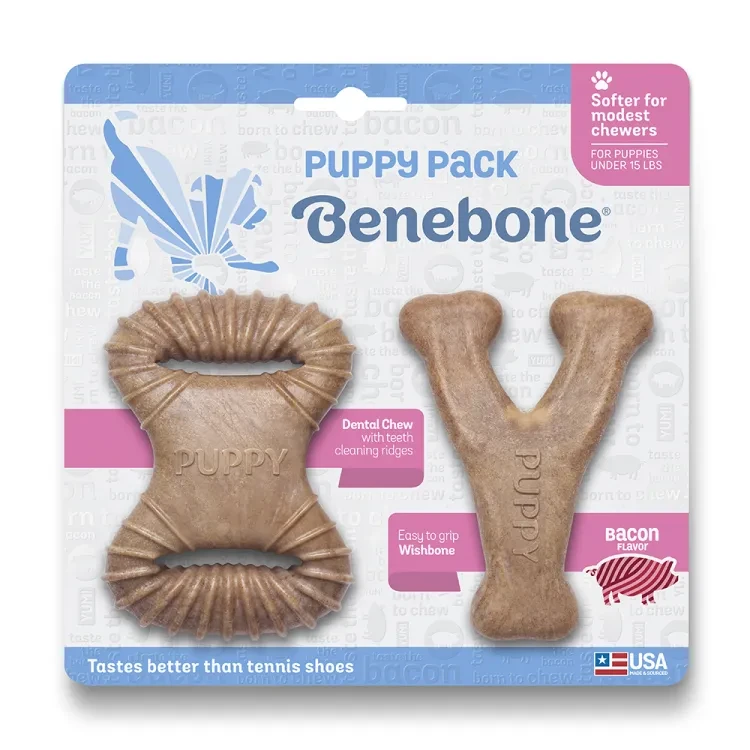 Набір жувальних іграшок для собак Benebone Puppy Pack (Дентал кістка+Важіль) зі смаком бекону для цуценят до 7 кг