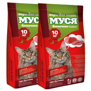 Корм для кішок Муся зі смаком яловичини 1 + 1 (20 кг)