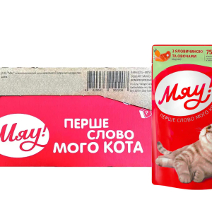 Збалансований вологий корм Мяу! для дорослих кішок "Желе з яловичиною і овочами" 85 г (блок 24 шт)