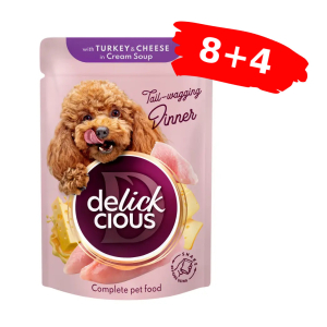 Вологий корм для дорослих собак Delickcious смужки з індичкою та сиром в крем-супі, Акція 8+4 (12 шт × 85 г)