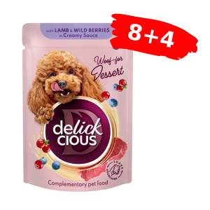 Вологий корм для дорослих собак Delickcious пластівці з ягнятиною та лісовими ягодами у вершковому соусі, Акция 8+4 (12 шт × 80 г)