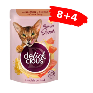 Вологий корм для дорослих котів Делікшес Delickcious смужки з лососем та сиром в крем-супі, Акція 8+4 (12 шт × 85 г)