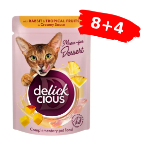 Вологий корм для котів Делікшес Delickcious пластівці з кроликом та тропічними фруктами у вершковому соусі, Акция 8+4 (12шт×80г)