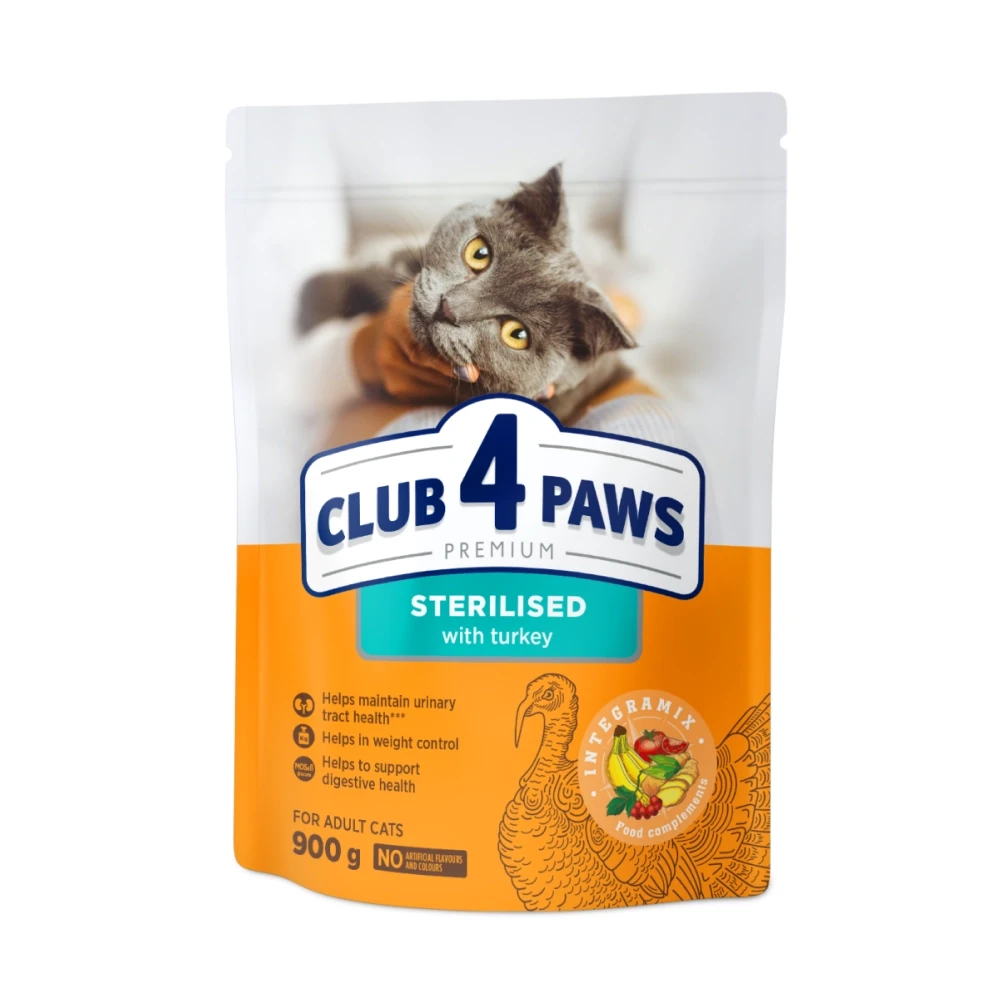 Сухий корм CLUB 4 PAWS (Клуб 4 Лапи) Преміум для стерелізованих кішок з індичкою, 900 г