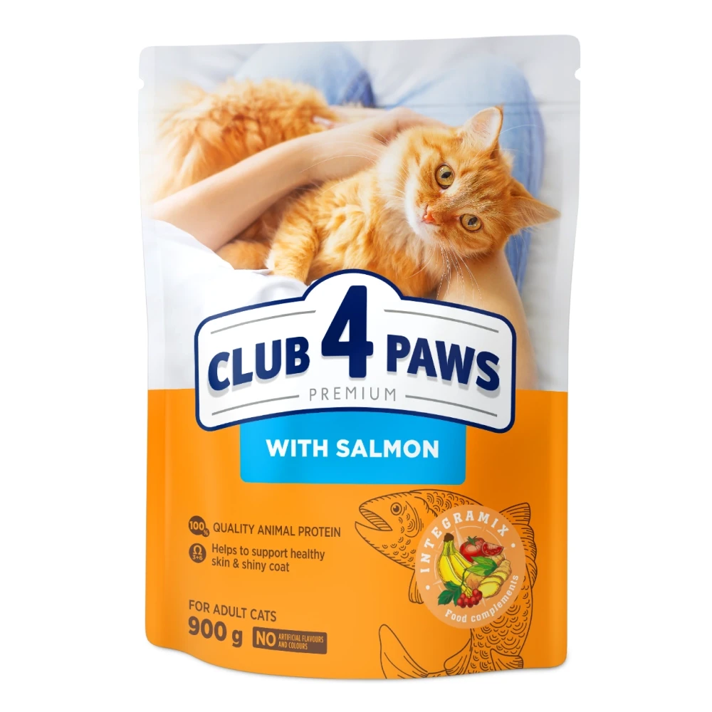 Повнораціонний сухий корм для дорослих кішок CLUB 4 PAWS (Клуб 4 Лапи) Преміум з лососем, 900 г