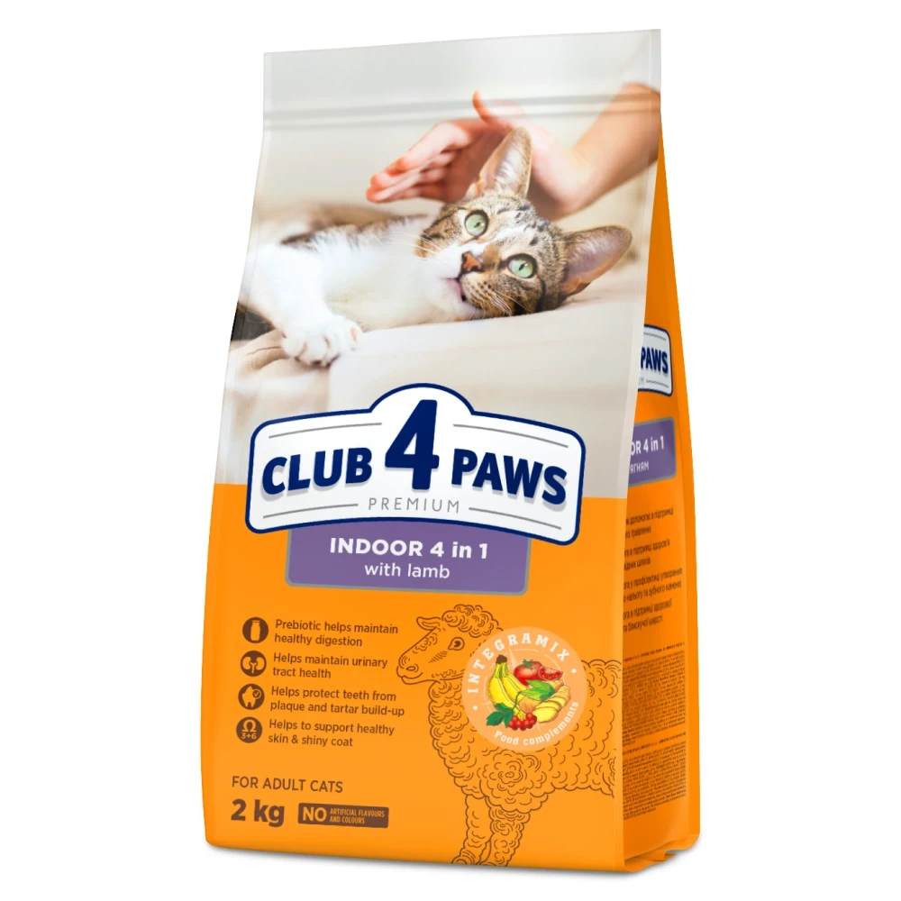 Повнораціонний сухий корм для кішок Club 4 Paws (Клуб 4 Лапи) 4 в 1 Преміум, що мешкають у приміщенні з ягням, 2 кг