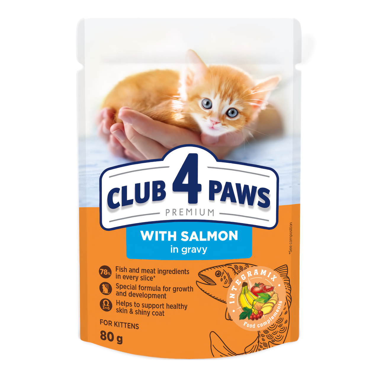 Повнораціонний консервований корм для кошенят CLUB 4 PAWS (Клуб 4 Лапи) Преміум з лососем у соусі, 80 г