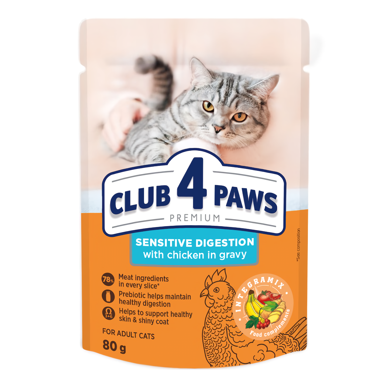 Вологий корм для дорослих кішок  із чутливим травленням CLUB 4 PAWS (Клуб 4 Лапи) Преміум із куркою в соусі, 80 г