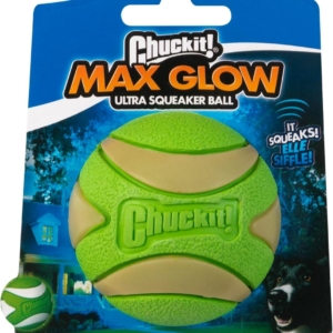 М'ячик для собак Chuckit!  Max Glow Ultra Squeaker Ball іграшка з пискавкою сяючими вставками у темряві, розмір М