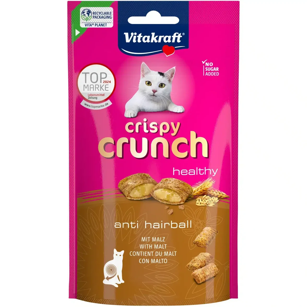 Хрусткі ласощі для котів Вітакрафт Vitakraft Crispy Crunch Anti Hairball з начинкою з солодом від утворення волосяних кульок, 60 г