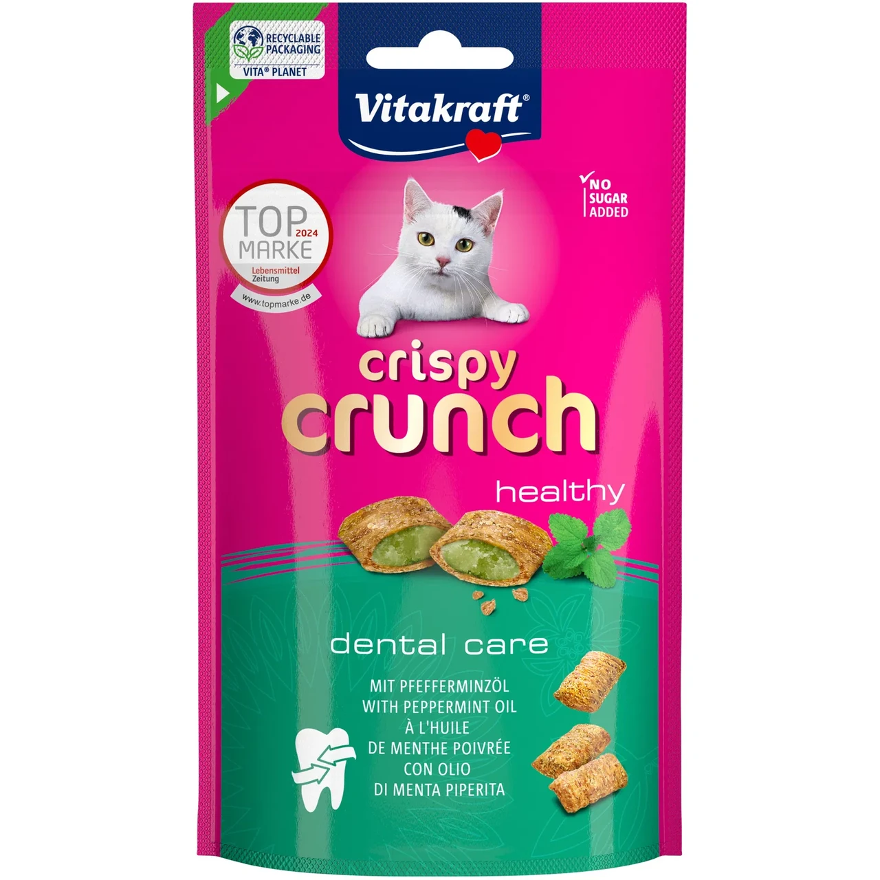 Хрусткі ласощі для котів Вітакрафт Vitakraft Crispy Crunch подушечки з начинкою з м’ятою для догляду за зубами, 60 г