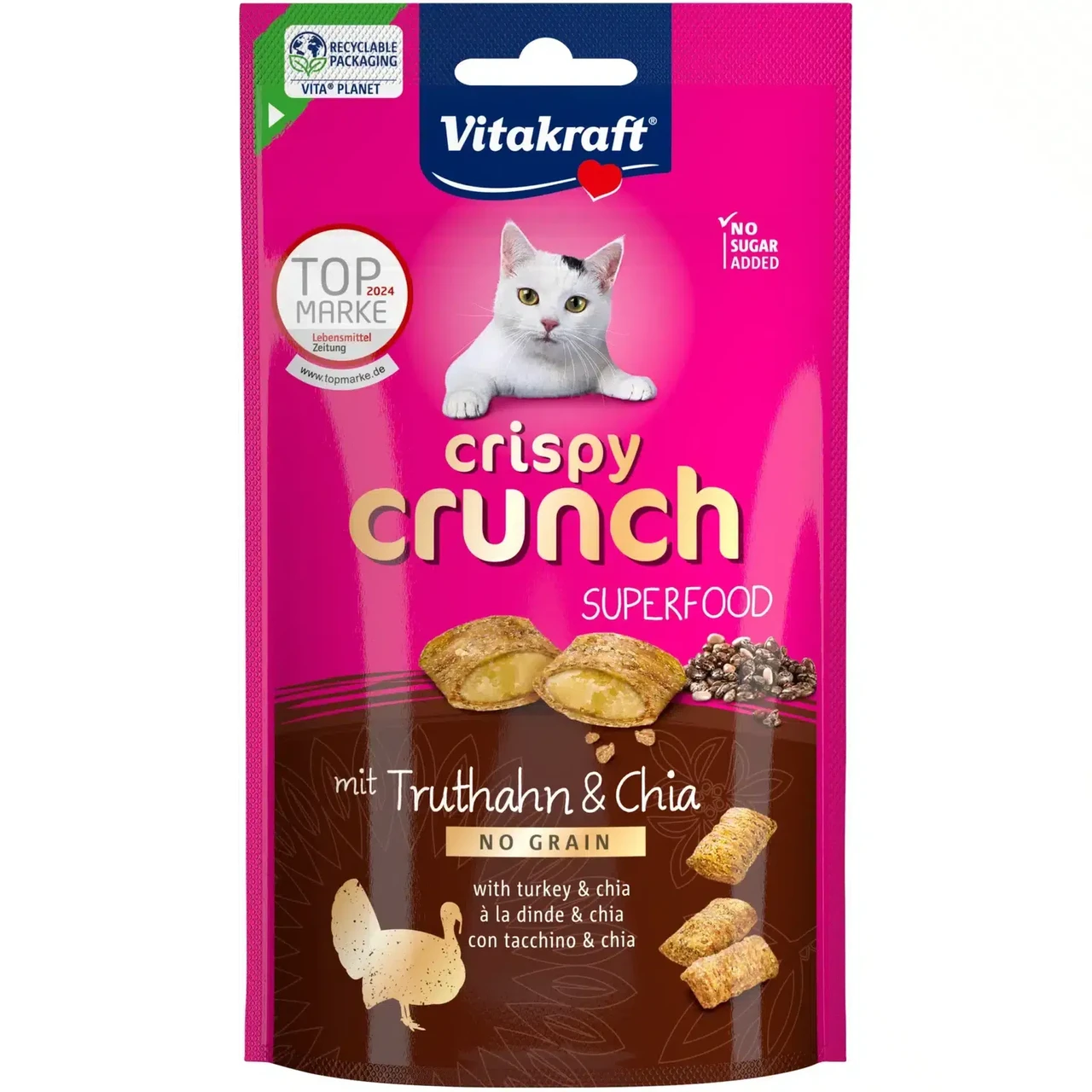 Хрусткі ласощі для котів Вітакрафт Vitakraft Crispy Crunch подушечки з кремовою начинкою з індичкою та насінням чіа, 60 г