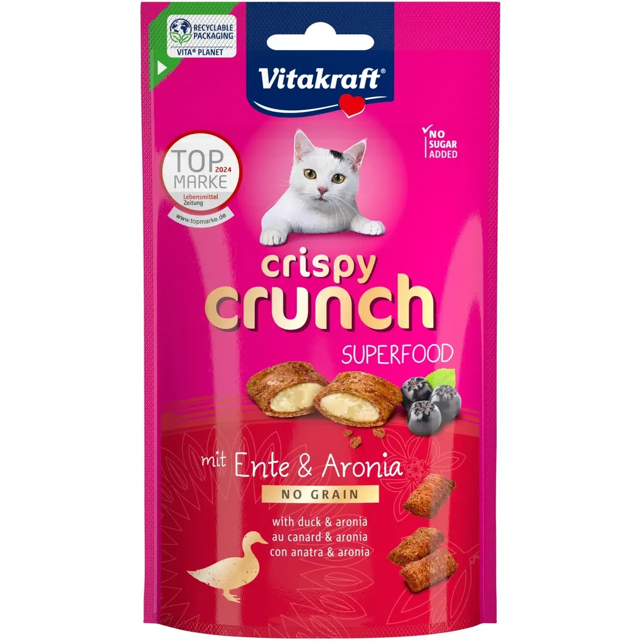 Хрусткі ласощі для котів Вітакрафт Vitakraft Crispy Crunch подушечки з кремовою начинкою з качкою та ягодами аронії, 60 г