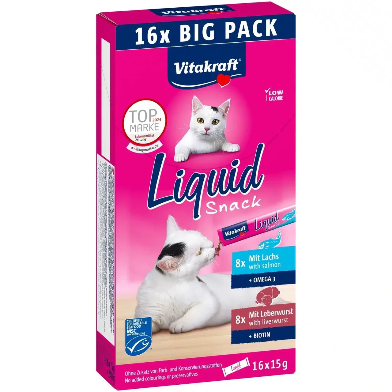 Ласощі для котів Вітакрафт Vitakraft Liquid Snack крем снеки зі смаком лосося та ліверної ковбаси (2 смаки) 16 шт х 15 г