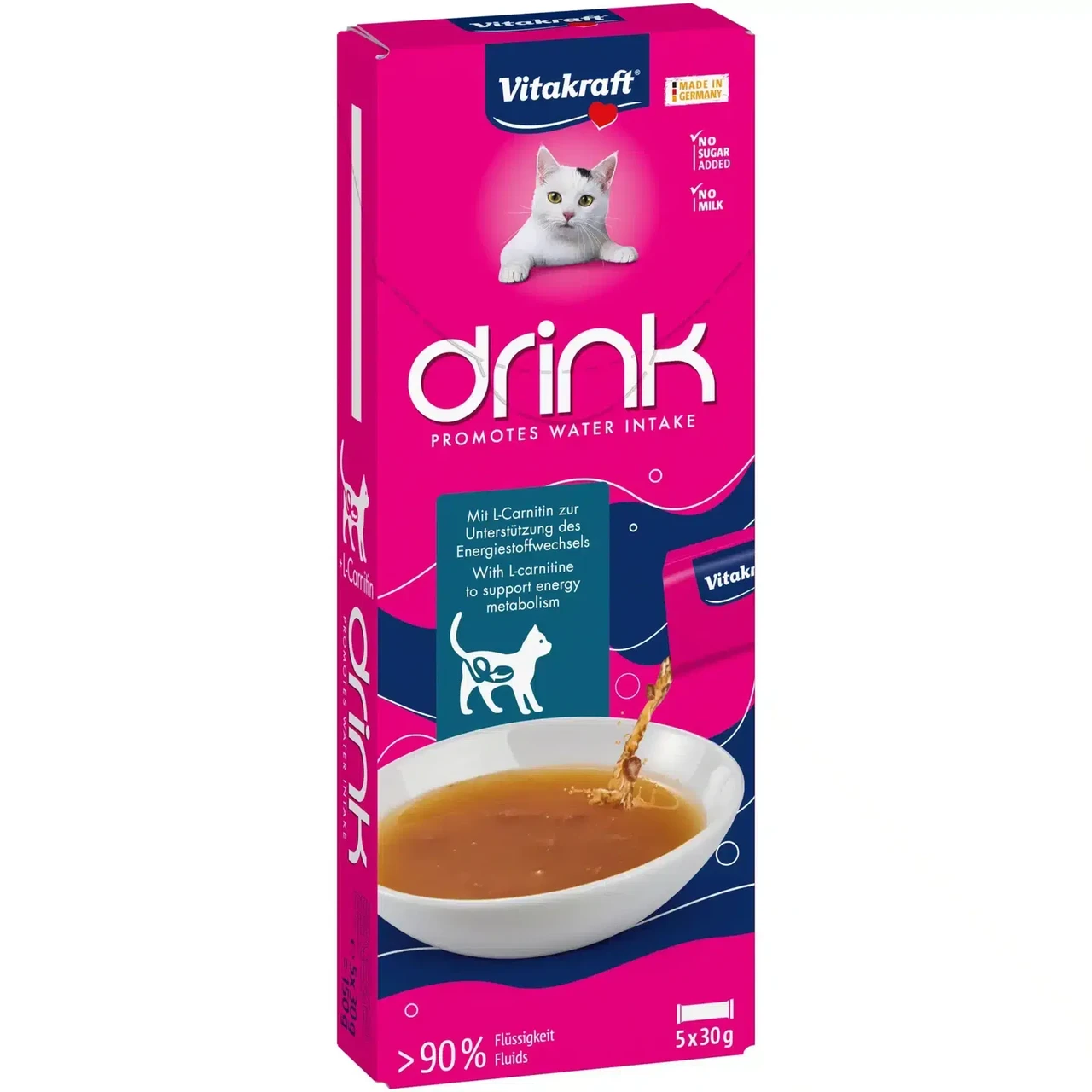 Апетитний напій для котів шматочками м’яса Вітакрафт Vitakraft CAT DRINK зі смаком лосося та L-карнітином 5 шт × 30 г