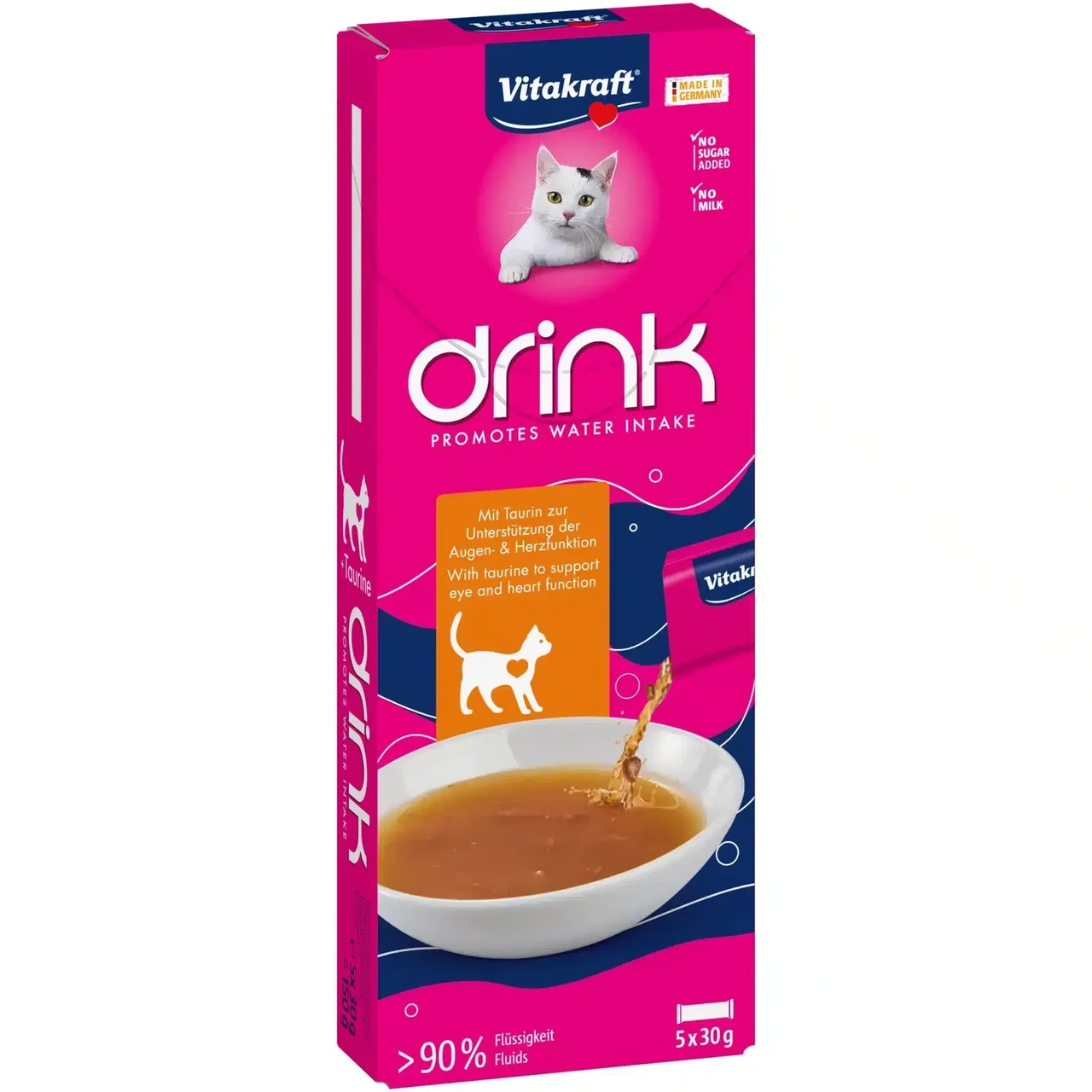 Апетитний напій для котів шматочками м’яса Вітакрафт Vitakraft CAT DRINK зі смаком курки і таурина 5 шт × 30 г