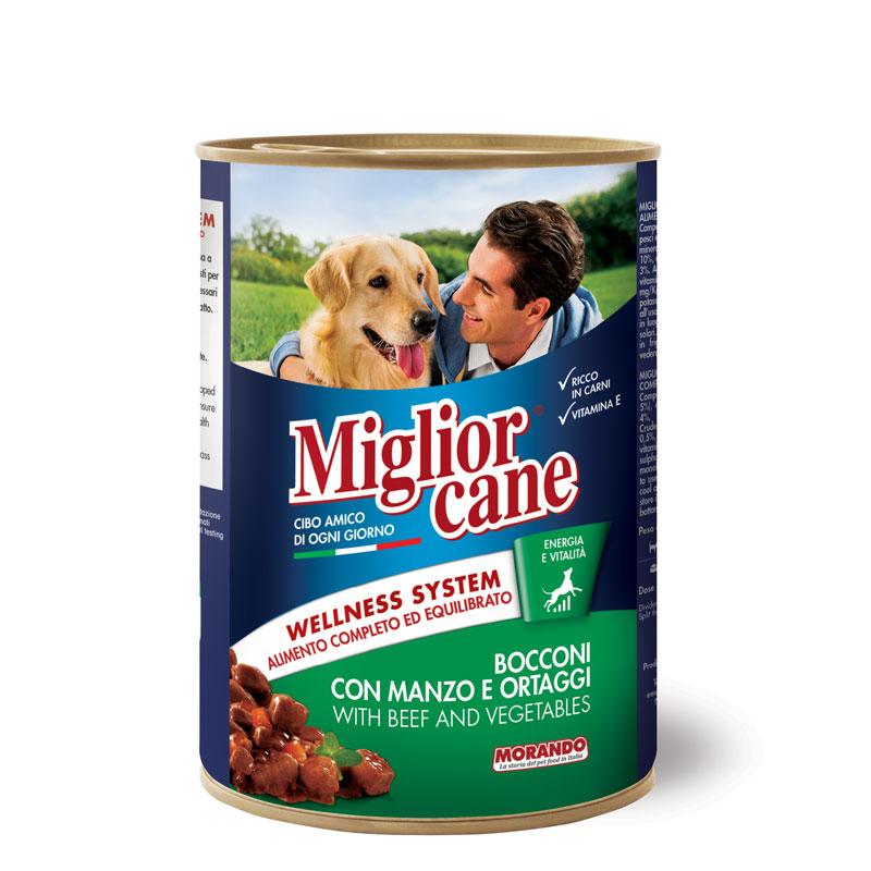 Вологий корм Migliorcane для дорослих собак у вигляді шматочків з яловичиною та овочами, 405 г