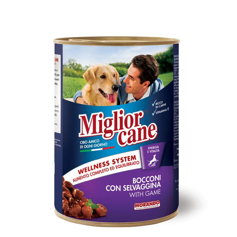 Вологий корм Migliorcane для дорослих собак у вигляді шматочків з дичиною, 405 г