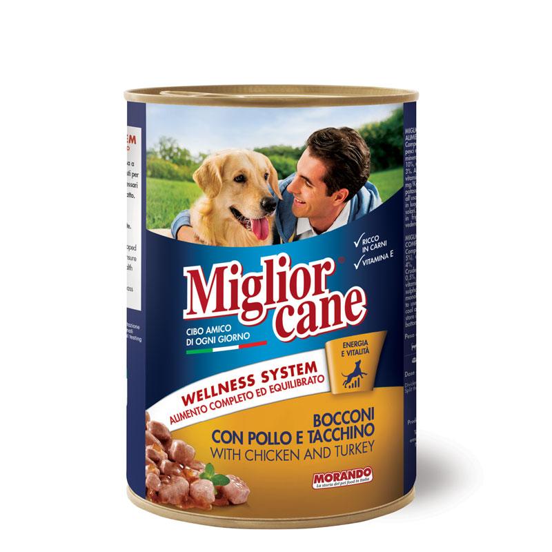 Вологий корм Migliorcane для дорослих собак у вигляді шматочків з куркою та індичкою, 405 г