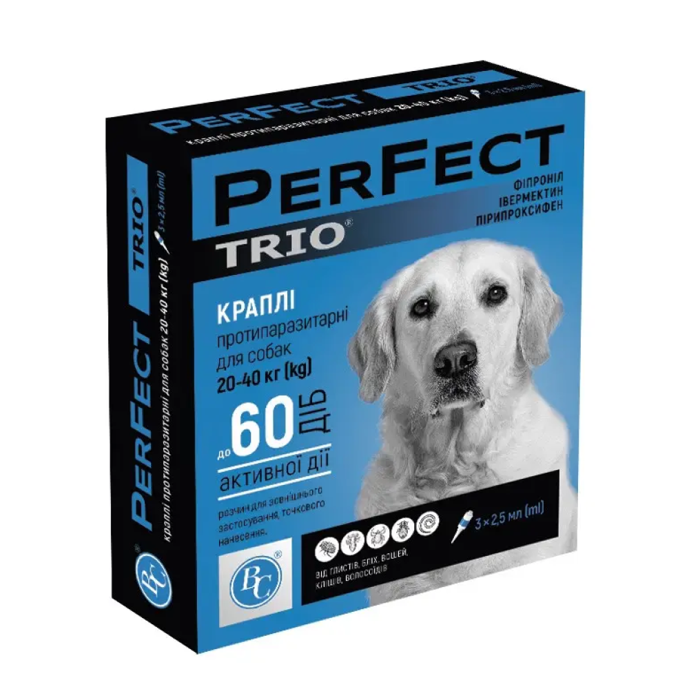 Краплі протипаразитарні PerFect TRIO для собак від 20 до 40 кг упаковка №3 піпетки по 2.5 мл Ветсинтез