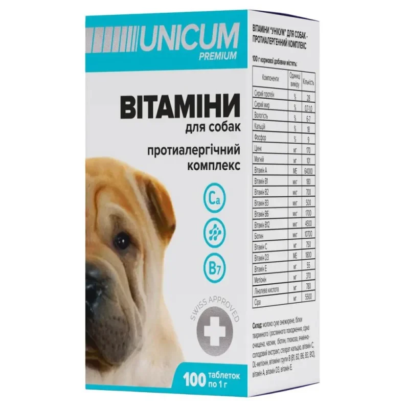 Вітаміни для собак Unicum Premium вітамінний протиалергічний комплекс (100 табл. по 1 г)