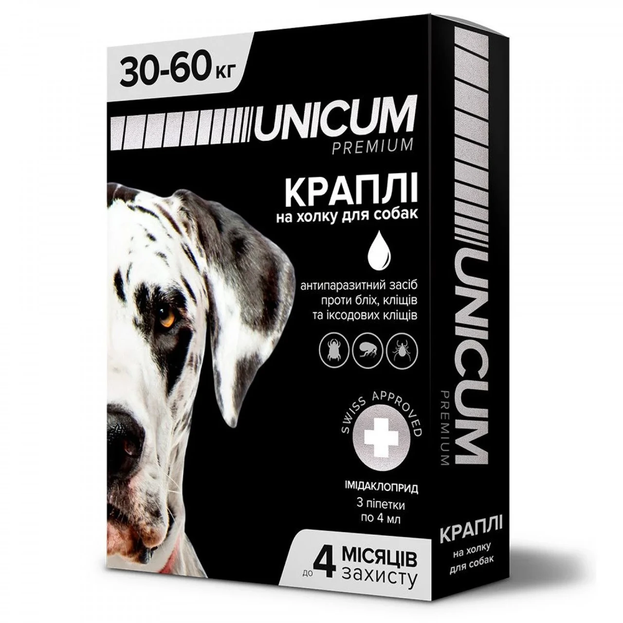 Краплі Unicum Premium (Унікум) від гельмінтів, бліх та кліщів на холку для собак 30-60 кг упаковка 3 піпетки
