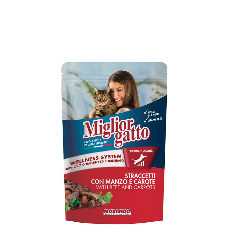 Повноцінний вологий корм Migliorgatto Pouch для дорослих котів у вигляді смужок з яловичиною та морквою, 100 г