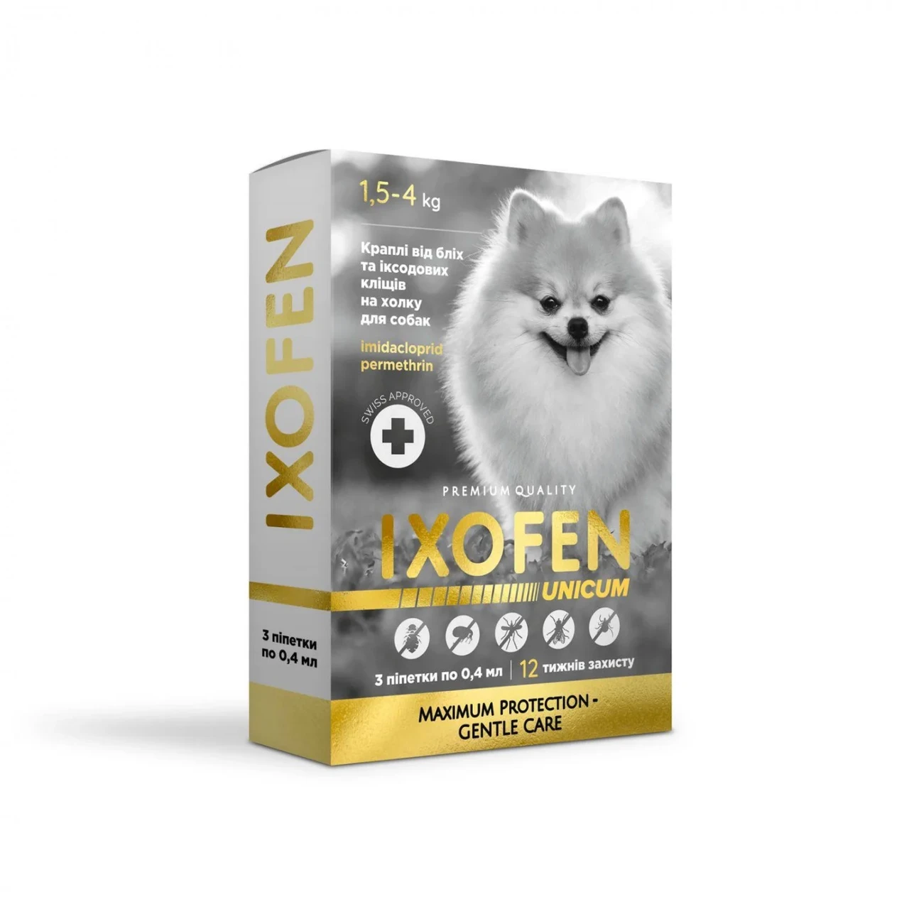 Unicum Ixofen Іксофен краплі від бліх, іксодових кліщів та комарів на холку для собак від 1,5 до 4 кг (3 піпетки х 0,4 мл)