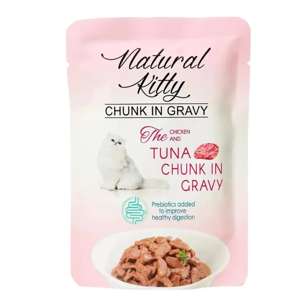 Повноцінний вологий корм Natural Kitty Chunk in Gravy Chicken and Tuna для котів шматочки курки та тунця у соусі, 85 г