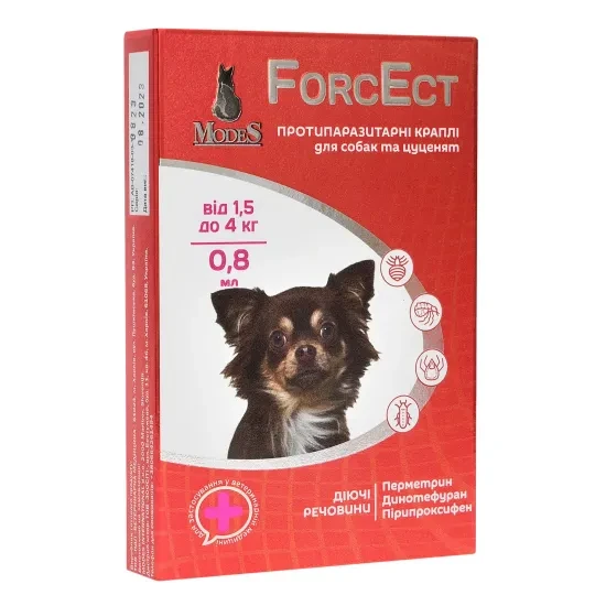 Протипаразитарні краплі ФорсЕкт ForcEct для собак та цуценят від 1,5-4 кг  (3 піпетки по 0,8 мл) від бліх та кліщів, ModeS