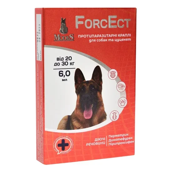 Протипаразитарні краплі ФорсЕкт ForcEct для собак та цуценят від 20-30 кг (3 піпетки по 6,0 мл) від бліх та кліщів, ModeS