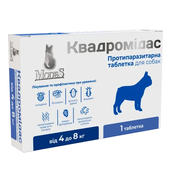 Квадромідас протипаразитарні таблетки від бліх, кліщів, гельмінтів для собак 4-8 кг, 0,4 г, MODES