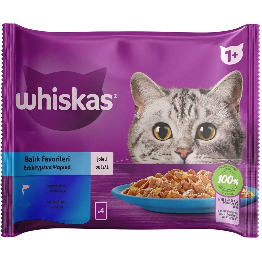 Вологий корм Whiskas (Віскас) з тунцем/лососем у желе для дорослих котів (упаковка 4 шт x 85 г)