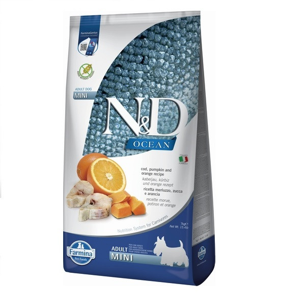 Беззерновий сухий корм Farmina N&D Grain Free Ocean Pumpkin для собак дрібних порід з тріскою та апельсином 7 кг