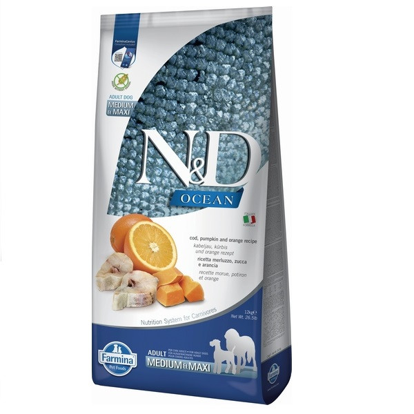 Беззерновий сухий корм Farmina N&D Grain Free Ocean Pumpkin для собак середніх і великих порід з тріскою та апельсином 12 кг