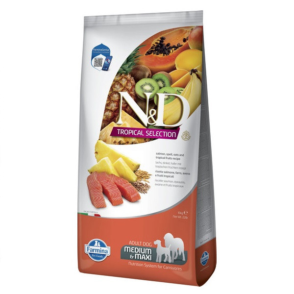 Сухий низькозерновий корм Farmina N&D Tropical Selection для дорослих собак середніх і великих порід з лососем і тропічними
