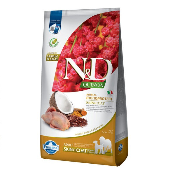Фарміна дог сух N&D Quinoa Skin&Coat ADULT MEDIUM & MAXI дієт. харч., при харчовій алергії з перепелом, кіноа, кокос та куркума 7