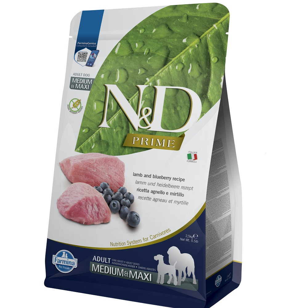 Фарміна дог сух N&D PRIME DOG LAMB & BLUEBERRY ADULT MEDIUM & MAXI з ягням та чорницею, 2,5 кг