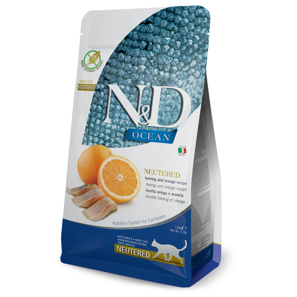 Беззерновий сухий корм Farmina N&D Ocean Herring & Orange Neutered для стерилізованих котів з оселедцем та апельсином 1.5 кг