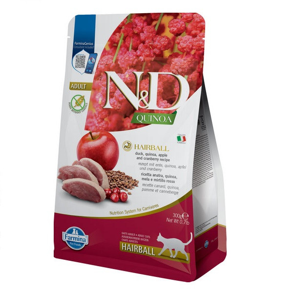 Сухий беззерновий корм Farmina N&D Quinoa Hairball ADULT для виведення грудок шерсті з качкою, кіноа, яблуком та журавлина 300 г