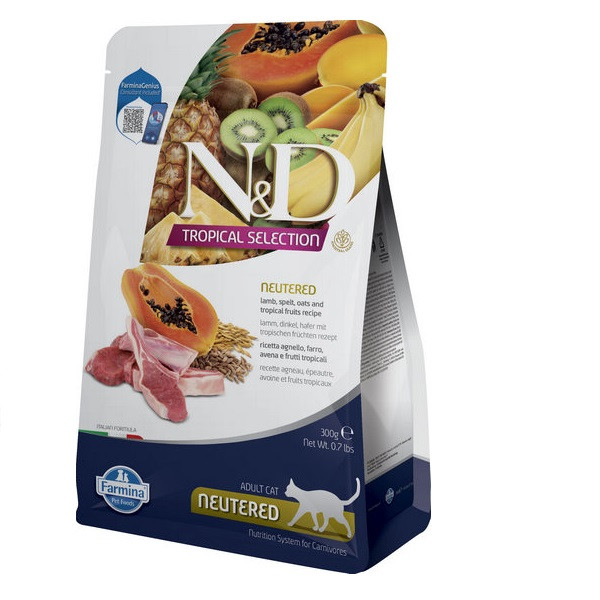 Сухой низькозерновий корм Farmina N&D Tropical Selection для стерилізованих дорослих котів з ягням та тропічними фруктами, 300 г