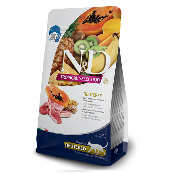 Сухий низькозерновий корм Farmina N&D Tropical Selection для стерилізованих дорослих котів з ягням та тропічними фруктами, 1.5 кг