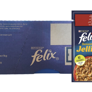 Вологий корм Фелікс Felix Sensations Jellies для кішок шматочки з яловичиною і томатами в желе (блок 26 шт × 85 г)