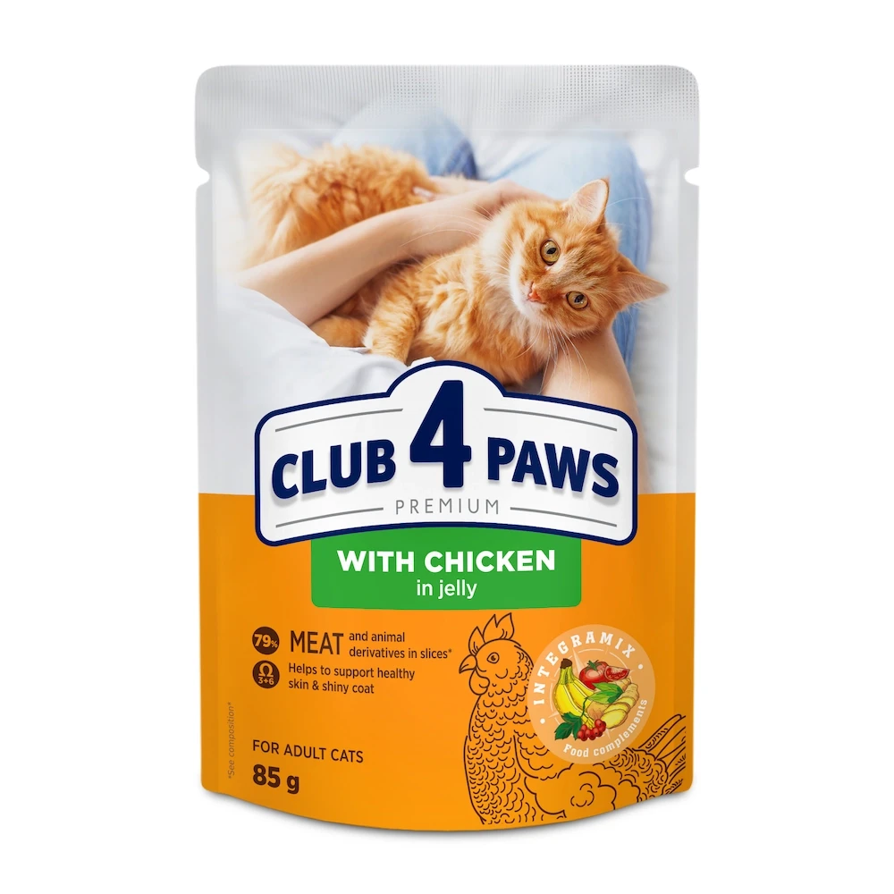 Повнораціонний консервований корм для кішок CLUB 4 PAWS (Клуб 4 Лапи) Преміум з куркою в желе, 85 г