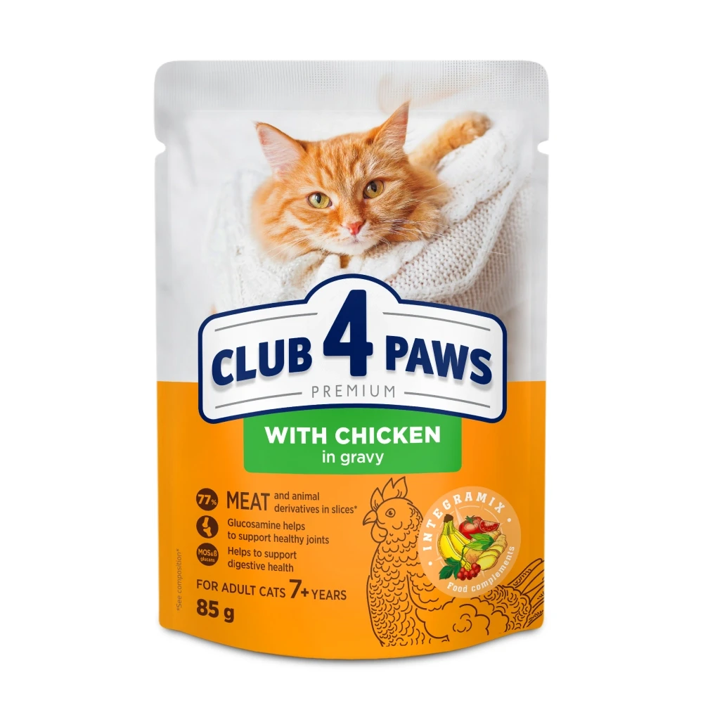 Повнораціонний консервований корм для кішок +7 років CLUB 4 PAWS (Клуб 4 Лапи) Преміум з куркою в соусі, 85 г