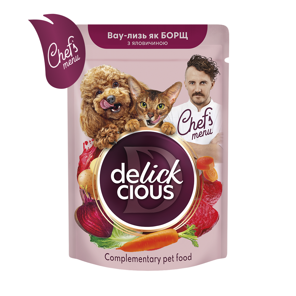 Додатковий консервований корм Delickcious Борщ для дорослих котів та собак з яловичиною, буряком та морквою у соусі, 85 г