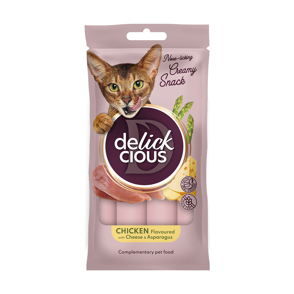 Крем-снеки для котів Делікшес Delickcious з куркою з додаванням сиру та спаржі ласощі для котів (4 шт х 15 г)