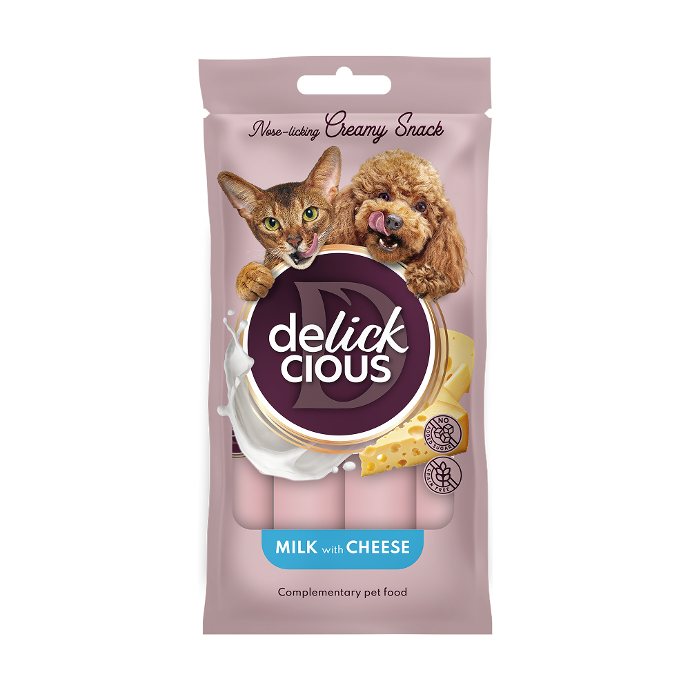 Крем-снеки для котів і собак Делікшес Delickcious з молоком та сиром ласощі для собак та кішок (4 шт х 15 г)