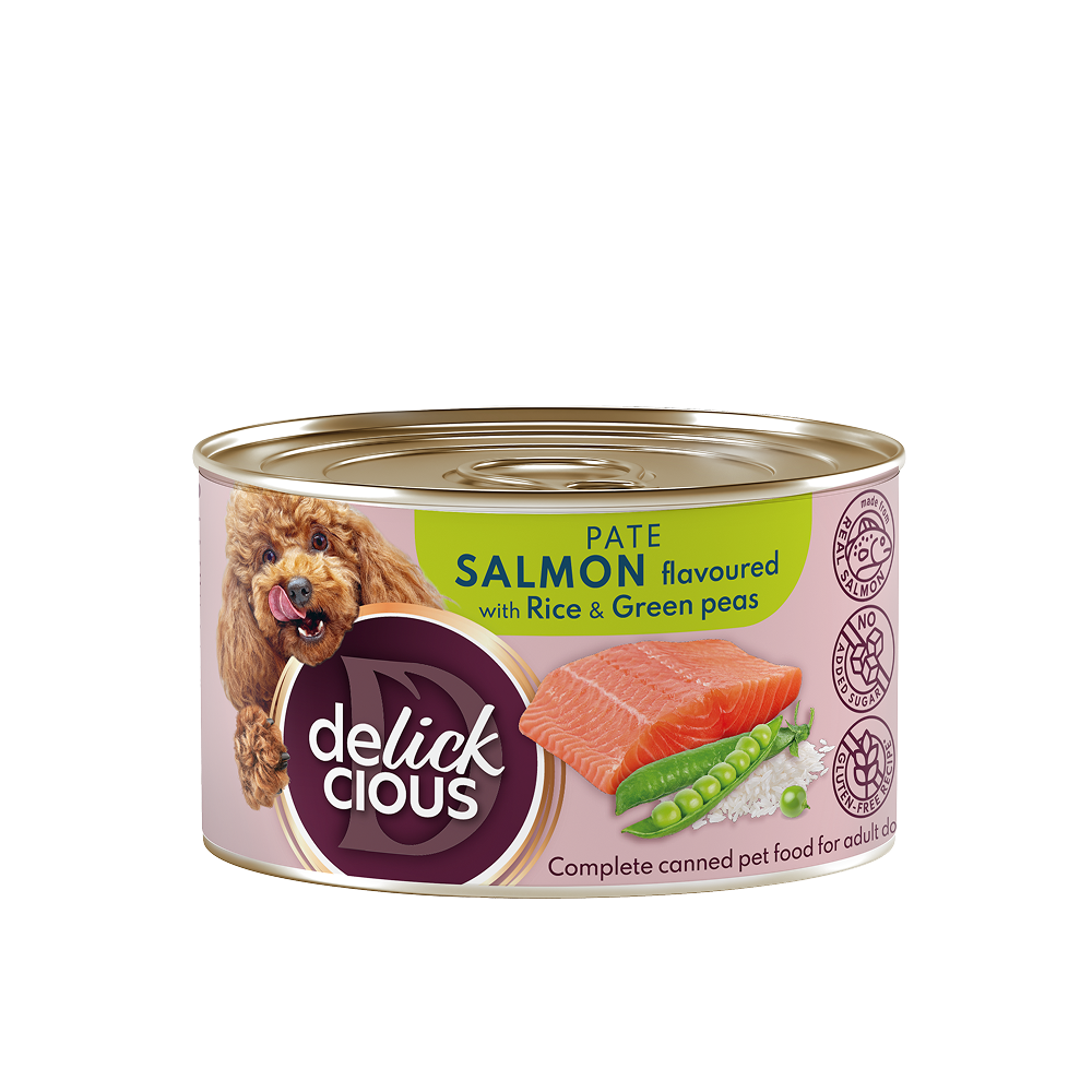 Повнораціонний консервований корм Delickcious для дорослих собак з лососем, рисом і зеленим горошком, 150 г