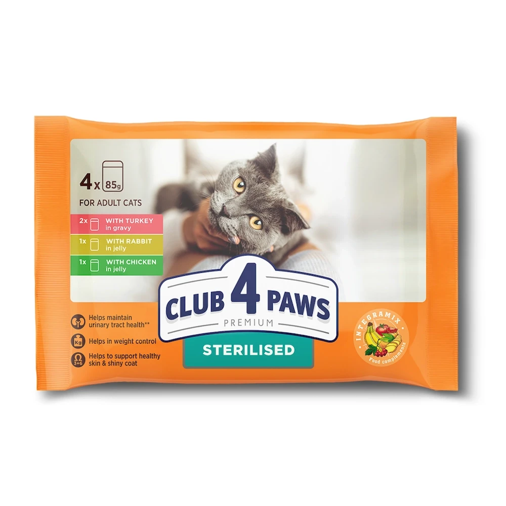 Набір вологого корму для стерелізованих котів CLUB 4 PAWS Клуб 4 лапи з індичкою, кроликом та куркою (набір 4 шт × 85 г)